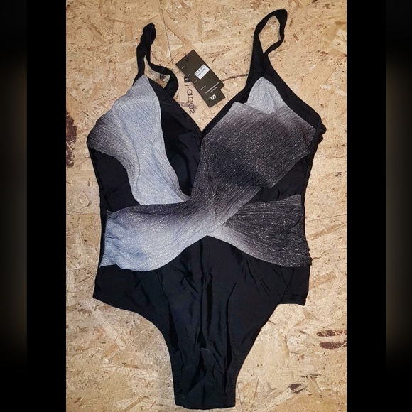 BNWT Womens BLACK SILVER One Piece Swim Suit SIZE L - Picture 2 of 3